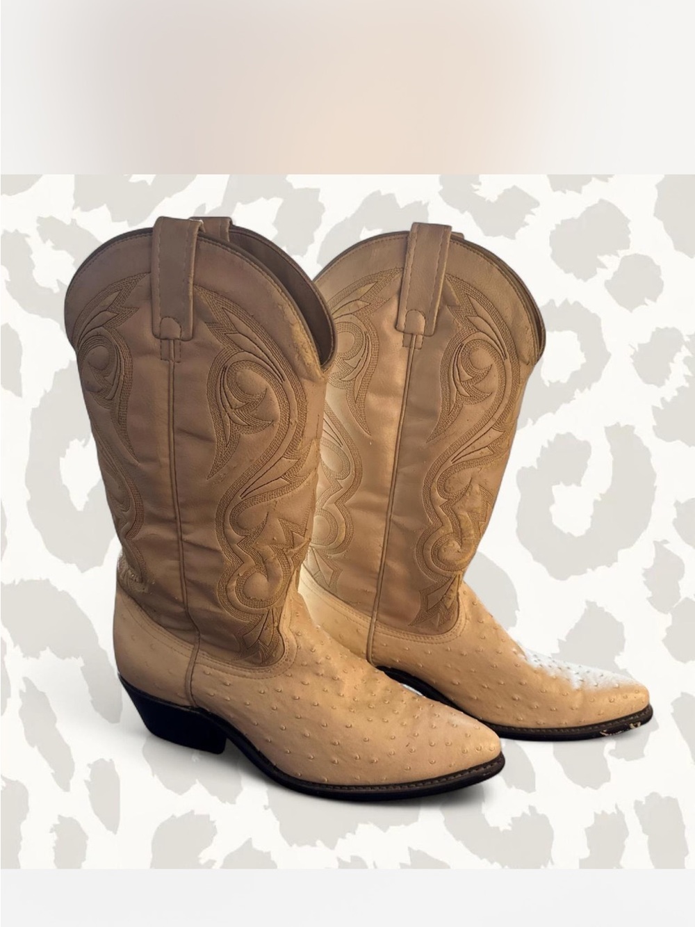 Cream Western Ostrich-Style Leather Cowboy Boots